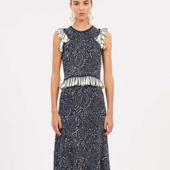 NWOT ULLA JOHNSON Emmeline Ruffled Crewneck Jacquard Knit Top in Ink P $390 - Picture 5 of 12